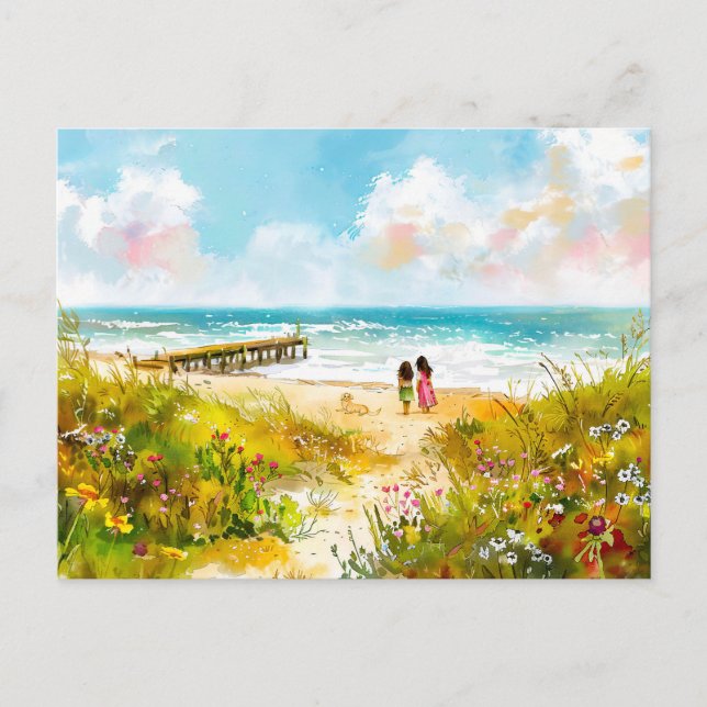 Postal Festiva Pradera de flores silvestres cerca de la playa con (Anverso)
