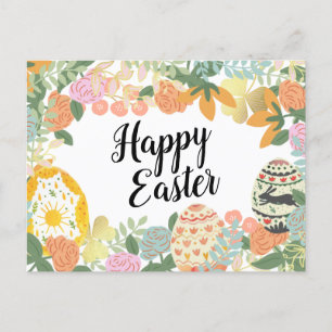 Postal Festiva Primavera Floral Huevos Clover Feliz Pascua