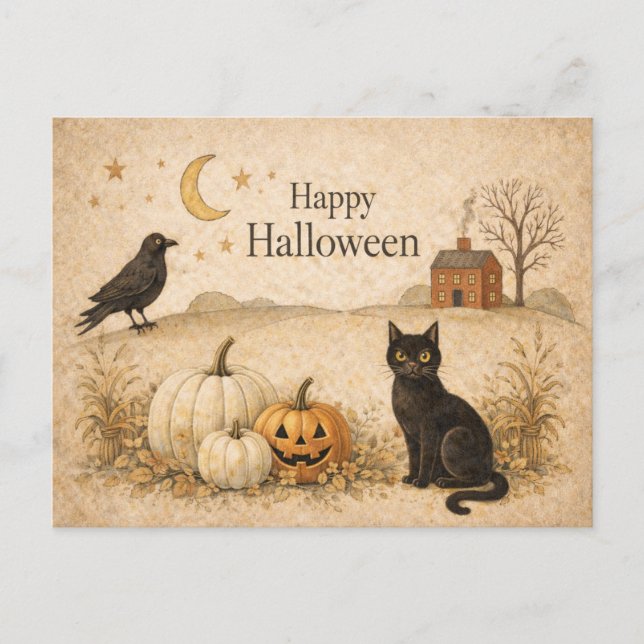 Postal Festiva Primitive Black Cat Folk Art Halloween (Anverso)