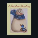 Postal Festiva Primitivo del país Snowman con pájaro azul<br><div class="desc">Pintada en acrílico en papel por la artista de Misuri,  Deborah Miller. ¡Arte original!</div>