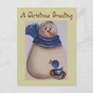 Postal Festiva Primitivo del país Snowman con pájaro azul