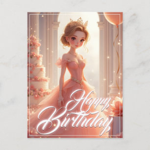 Postal Festiva Princesa de cumpleaños con un vestido rosa soñador