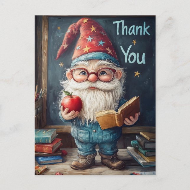Postal Festiva Profesora Cute Gnome - Gracias Ilustracion (Anverso)