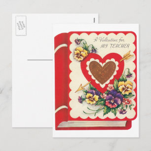 Postal Festiva Profesora Valentine, corazones de libros antiguos 