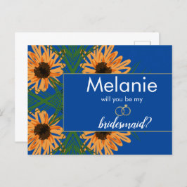 Postal Festiva Propuesta de la dama de honor azul con flores de s