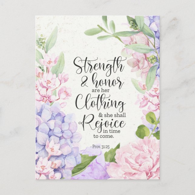 Postal Festiva Proverbios 31:25 - Fuerza y Honor (Anverso)