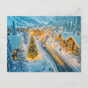 Postal Festiva Pueblo de montaña invernal con decoraciones navide