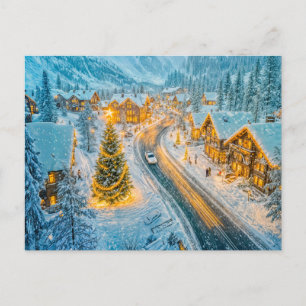 Postal Festiva Pueblo de montaña invernal con decoraciones navide