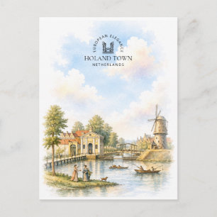 Postal Festiva Pueblo Holandés, Paisaje Acuarela Holandesa