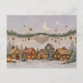 Postal Festiva Pueblo navideño boho con acuarela de agua neutra y