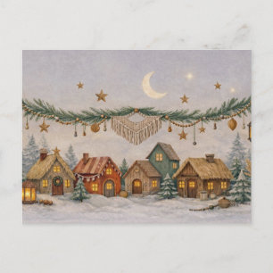Postal Festiva Pueblo navideño boho con acuarela de agua neutra y