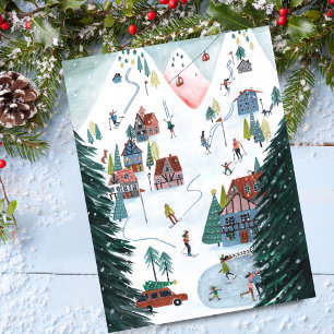 Postal Festiva Pueblo navideño de patinaje nórdico lindo 