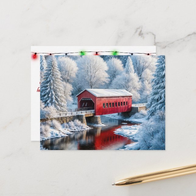 Postal Festiva Puente cubierto de rojo navidades en bosque invern (Anverso/Reverso In Situ)