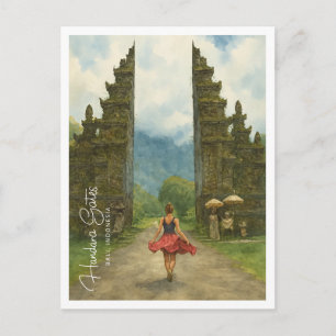 Postal Festiva Puerta de Handara Bali Acuarela – Viajes a Asia