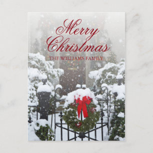 Postal Festiva Puerta de la casa con Navidades correa y nieve de 
