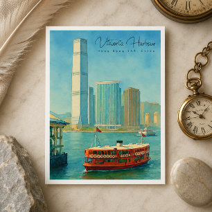 Postal Festiva Puerto de Victoria Hong Kong Silueta Retro