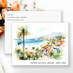 Postal Festiva Puerto Vallarta México Paisaje Acuarela Viaje