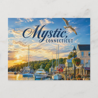 Postal Festiva Puesta de sol en el puerto de Mystic, Connecticut