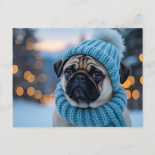 Postal Festiva Pug en invierno Maravilla, carta de Navidades