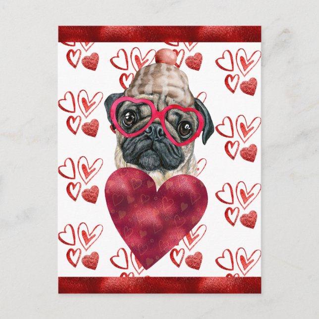 Postal Festiva Pug Hearts Dog Lover Valentine Gift (Anverso)