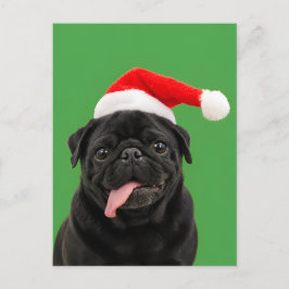 Postal Festiva Pug Negro Divertido Sombrero de Santa Lengua Fuera