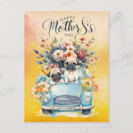 Postal Festiva Pug para el Día de la Madre con flores para los am