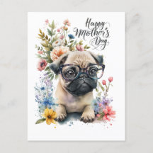 Pug para el Día de la Madre con flores para los am