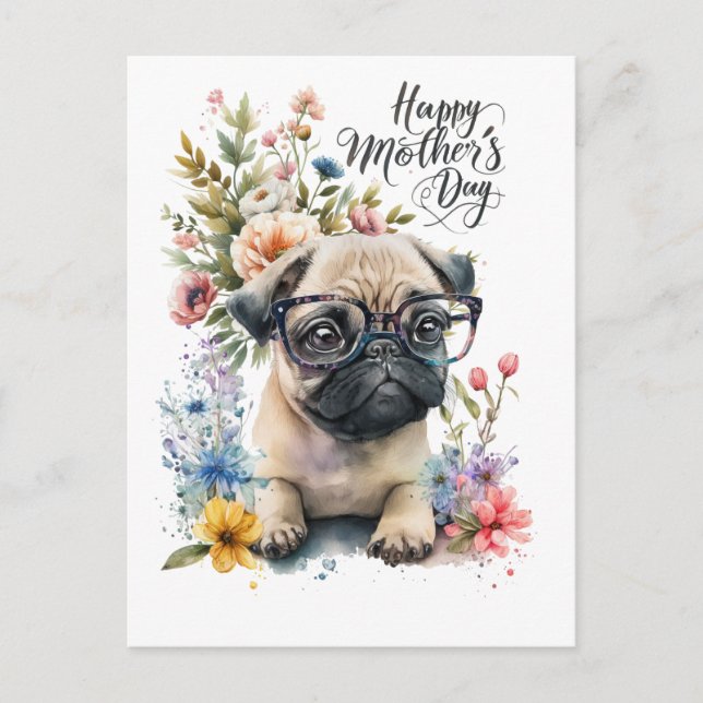 Postal Festiva Pug para el Día de la Madre con flores para los am (Anverso)