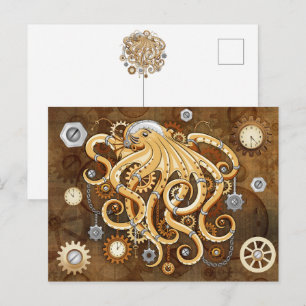 Postal Festiva Pulpo Steampunk Retro Fantasía Mecánica
