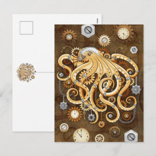 Postal Festiva Pulpo Steampunk Retro Fantasía Mecánica