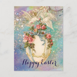POSTAL FESTIVA PUNTAS BLANCAS CON HUEVO ORIENTAL, BOW AZUL, ROSAS