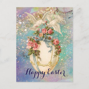 POSTAL FESTIVA PUNTAS BLANCAS CON HUEVO ORIENTAL, BOW AZUL, ROSAS