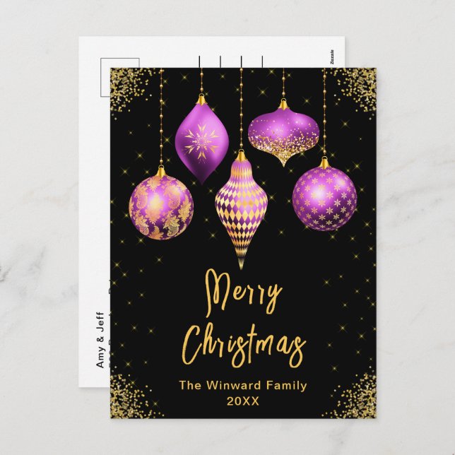 Postal Festiva Purple and Gold Ornaments Merry Christmas (Anverso / Reverso)