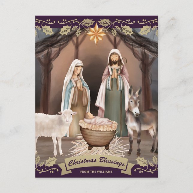 Postal Festiva Purple Nativity Scene Christian Christmas (Anverso)