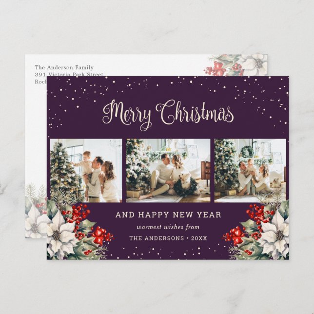 Postal Festiva Purple Watercolor Botanical Snow Photo Collage (Anverso / Reverso)