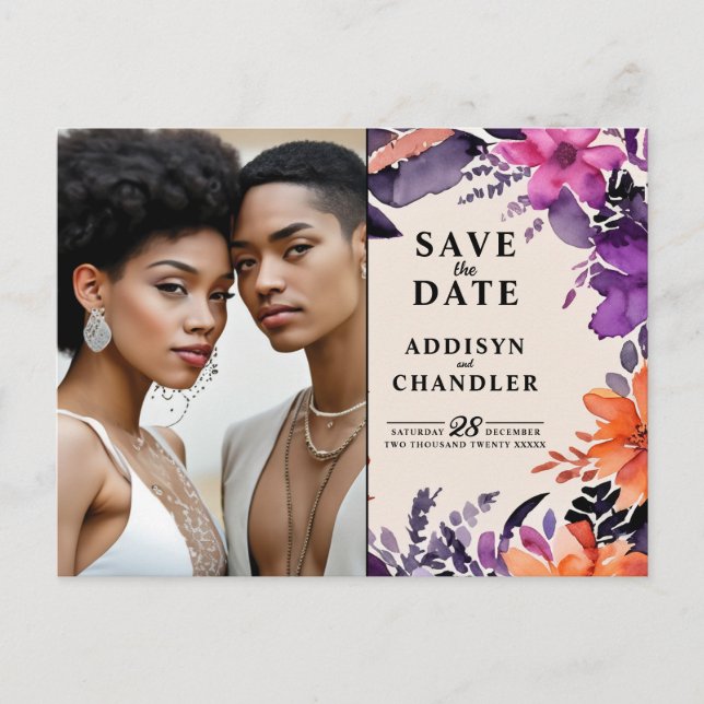 Postal Festiva Púrpura encantada + Boda Naranja Floral Halloween (Anverso)