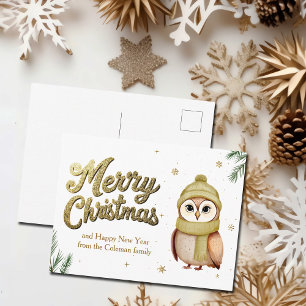 Postal Festiva Purpurina Cute Gold Merry Christmas Owl