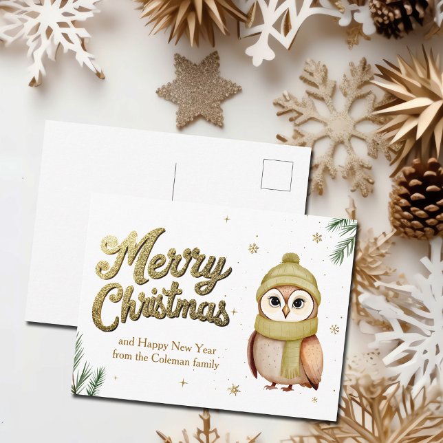 Postal Festiva Purpurina Cute Gold Merry Christmas Owl (Subido por el creador)