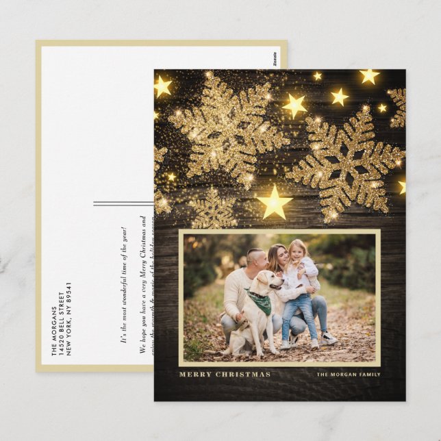 Postal Festiva Purpurina de oro de Faux Wood Snowflakes Photo Nav (Anverso / Reverso)