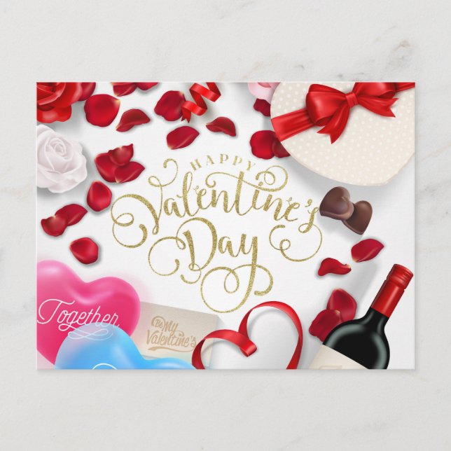 Postal Festiva Purpurina de oro moderno Feliz Día de San Valentín (Anverso)