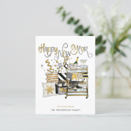 Postal Festiva Purpurina de oro negro champagne texto feliz año n