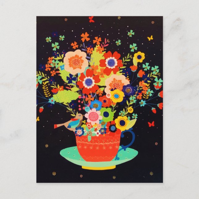 Postal Festiva Purpurina de pájaro floral teacup de oro caprichos (Anverso)