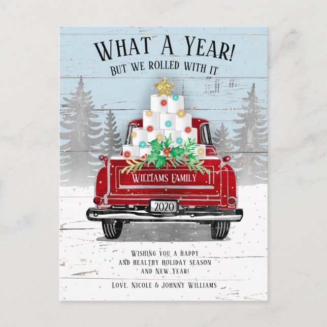 Postal Festiva Qué año 2020 divertido camión de papel higiénico (Anverso)