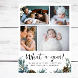 Postal Festiva Qué año más revisan el Collage de fotos familiar m<br><div class="desc">Esta moderna tarjeta de fotos multicolage de vacaciones es una manera elegante de mostrar tus mejores fotos familiares del año pasado. Presentando 4 de sus fotos con un guión de pincel escrito a mano que dice "Qué año" y verdor de vacaciones de pinos azules. Una gran manera de compartir y...</div>