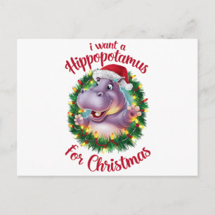 Postal Festiva Quiero Hipopótamo Para Navidades Xmas Hippo