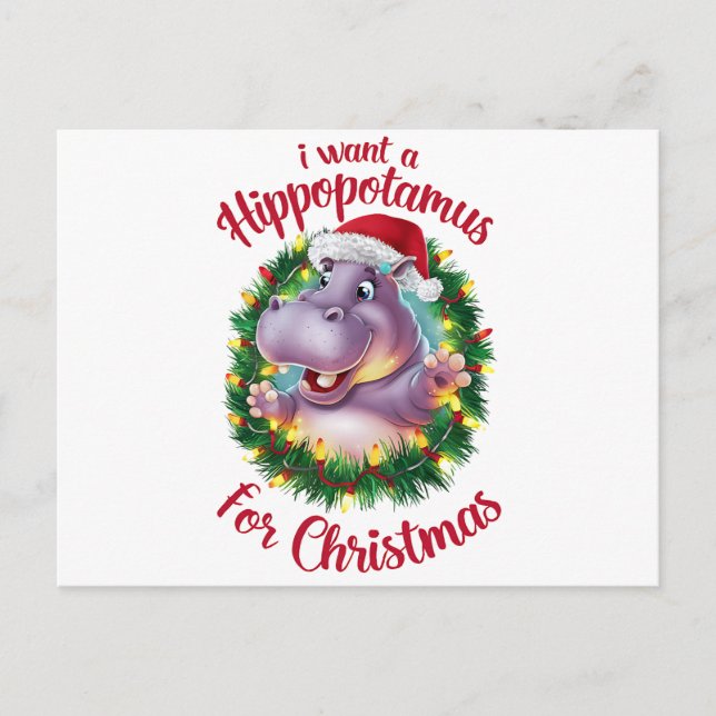 Postal Festiva Quiero Hipopótamo Para Navidades Xmas Hippo (Anverso)