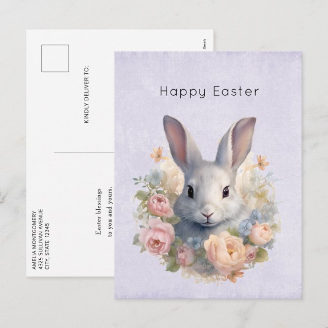 Postal Festiva Rabbit Surrounded by Pastel Flowers Cute Easter (Anverso / Reverso)