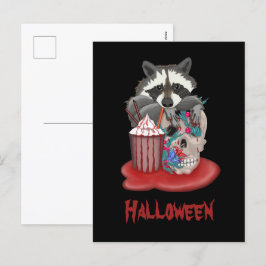 Postal Festiva Raccoon bebe cóctel con cráneo