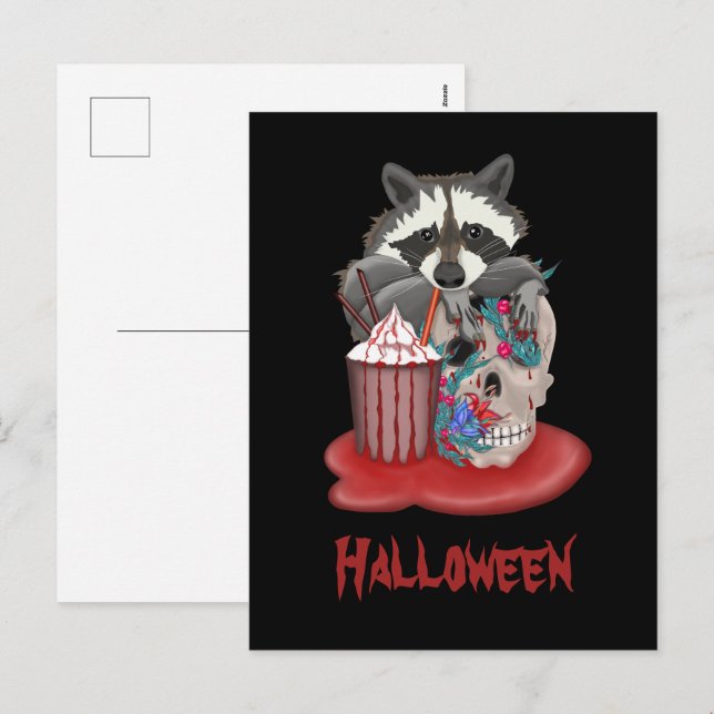 Postal Festiva Raccoon bebe cóctel con cráneo (Anverso / Reverso)