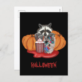 Postal Festiva Raccoon de Halloween con calavera y calabazas